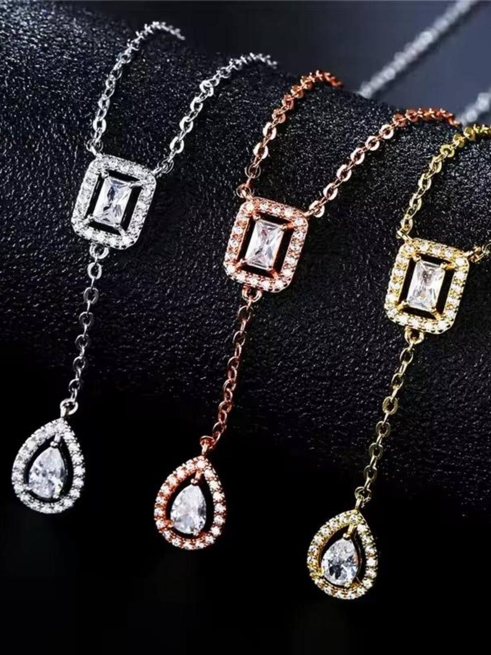 Rose Gold Lariat Necklace with Clear Teardrop and Baguette Stones - Picture 3 of 4